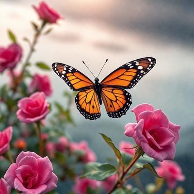The primary subject of the image is a butterfly flying over a field of pink flowers. The setting is a garden with a body of water in the background. The visual style is a photo of the butterfly in flight, surrounded by the beautiful pink flowers. The colors and mood of the image are vibrant and serene, with the pink flowers and butterfly creating a sense of natural beauty and tranquility.